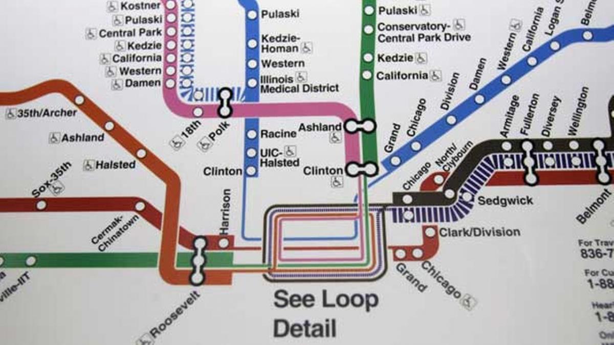 Չիկագոյում քարտեզ մետրոյի կապույտ գծով