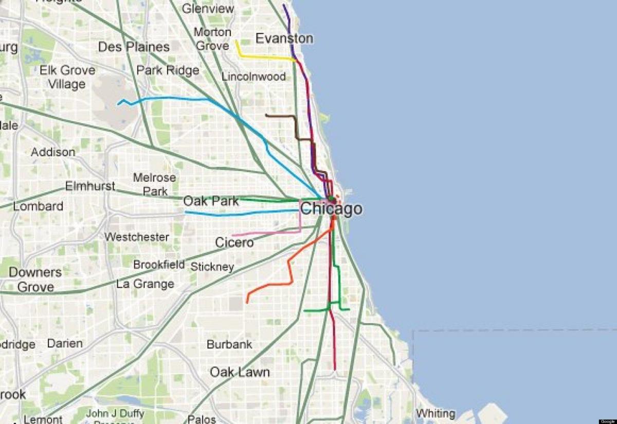 Չիկագոյում կապույտ գծեր երկաթուղային քարտեզի վրա