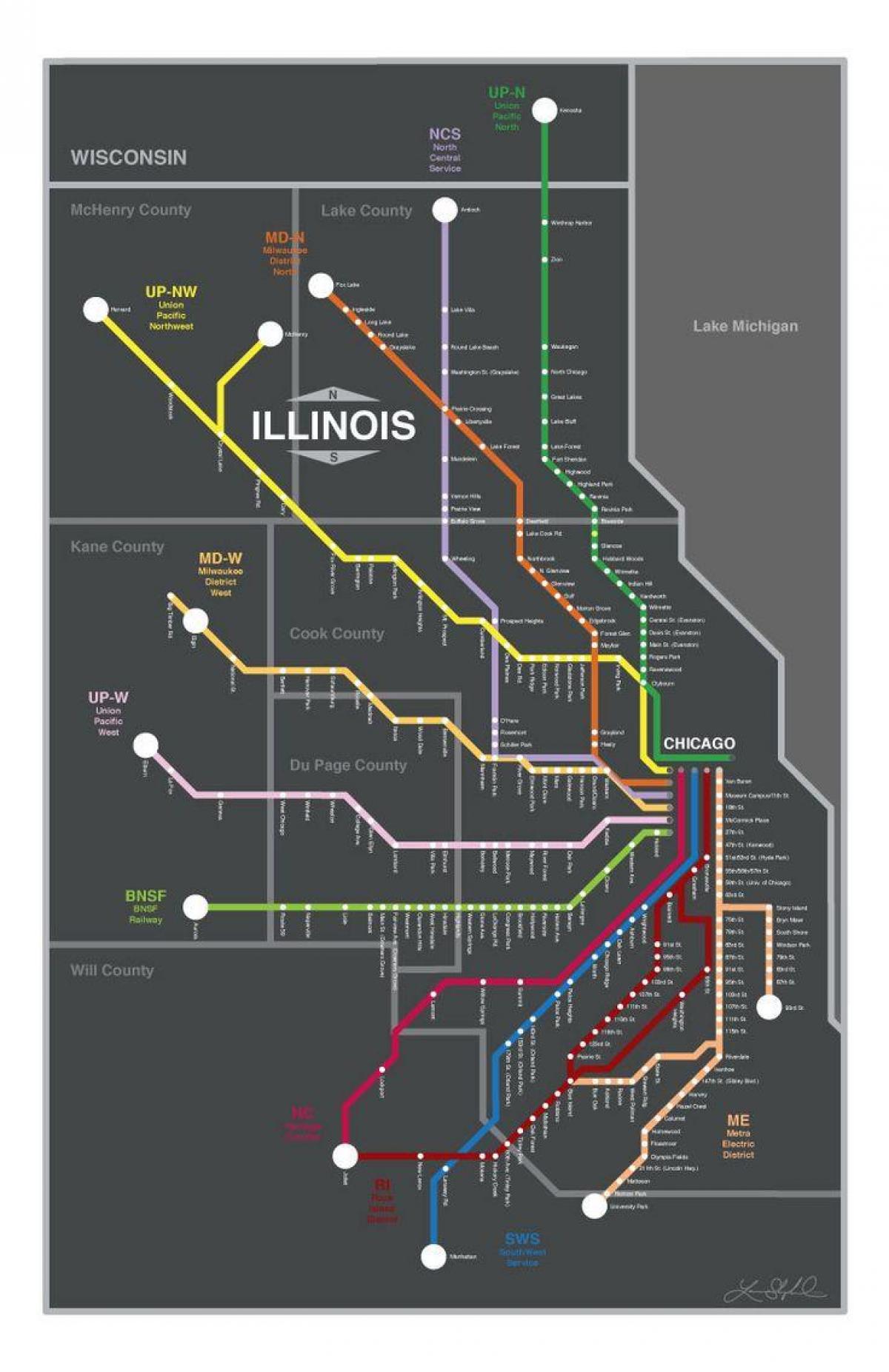 մետր գնացքով քարտեզի վրա Չիկագոյում