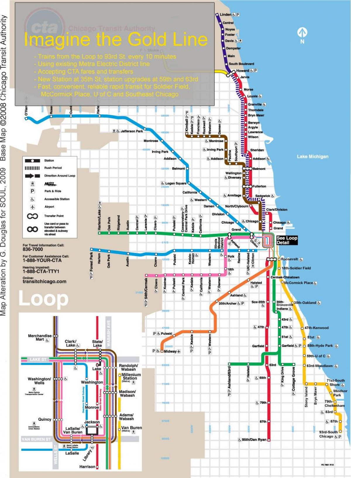 Չիկագոյում գնացքով քարտեզի վրա կապույտ գիծը
