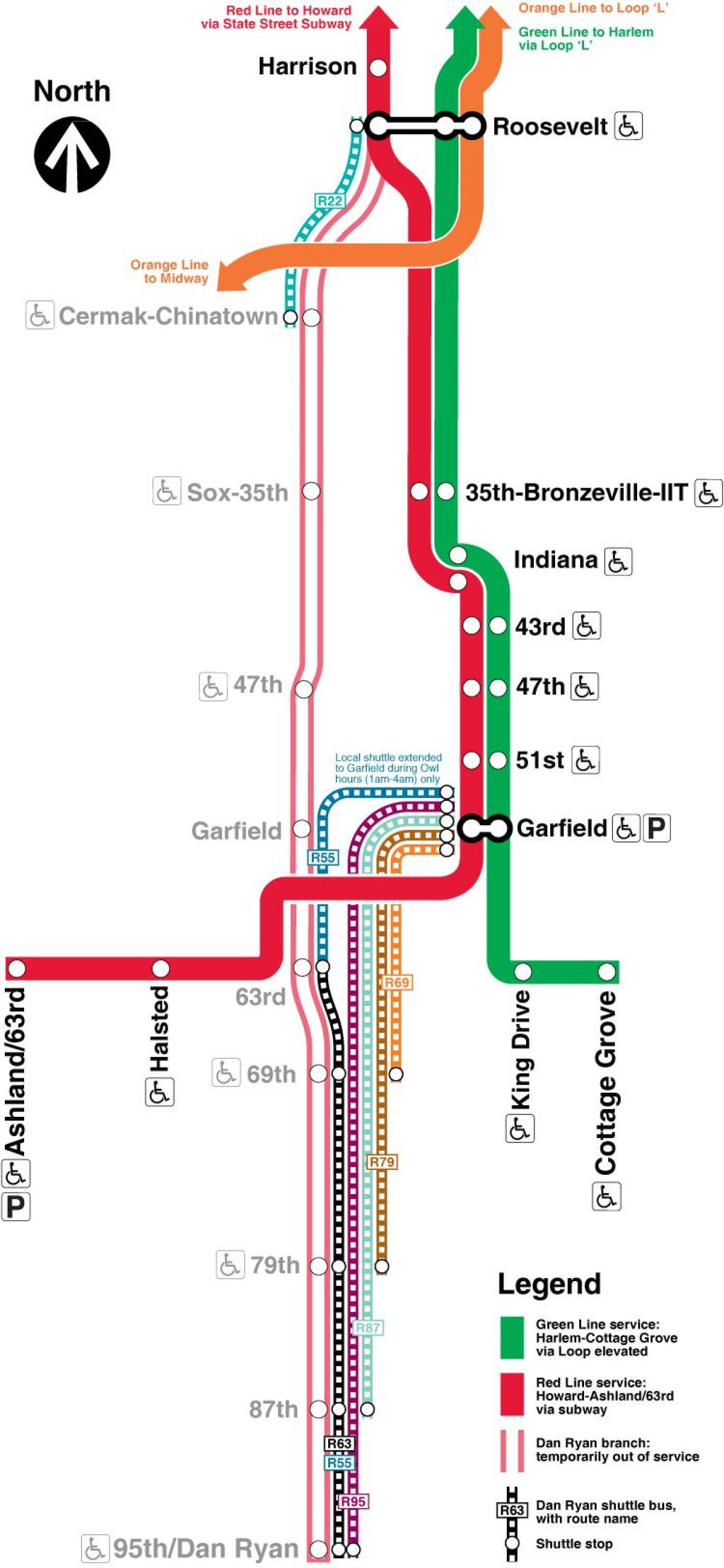 Չիկագոյում քարտեզ մետրոյի կարմիր գիծ