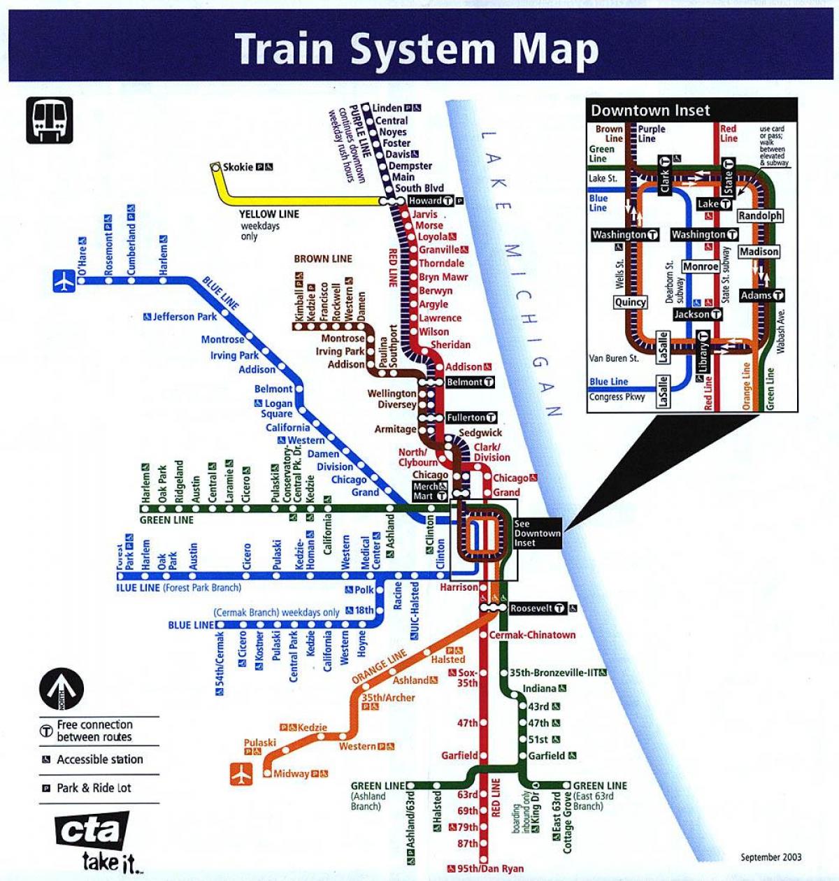 Մետրոյի Չիկագոյում գծերի քարտեզի վրա
